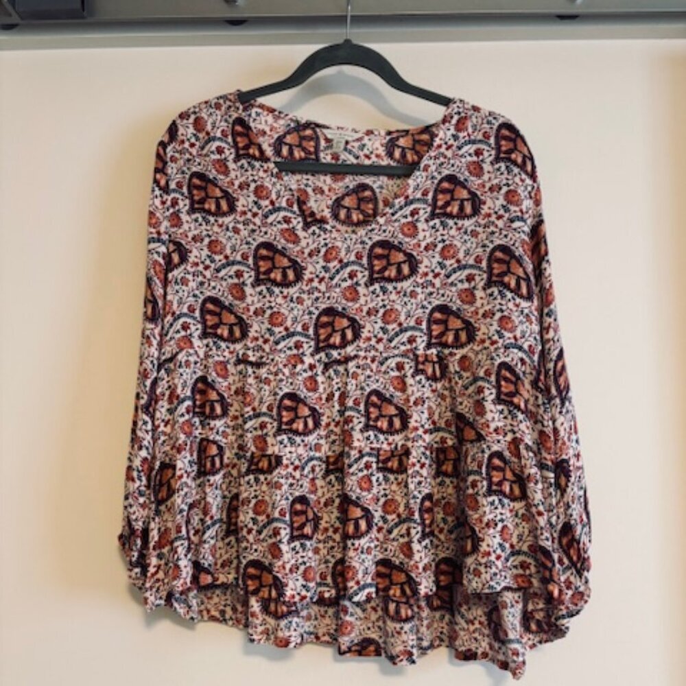 Lucky Brand Red & Orange Floral Peasant Babydoll Top Size Medium